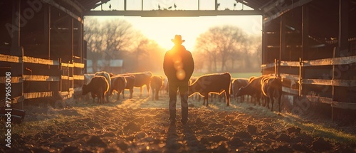 Cows in stables being fed by worker in cattle farm barn. Concept Livestock feeding, Cattle farming, Stable management, Animal husbandry, Barn environment