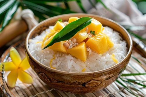 Thai dessert in summer made with mangoes and sticky rice photo