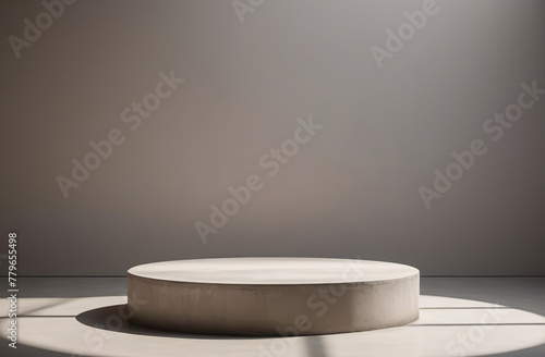 Round Podium for Cosmetic, Soap, Items Presentation. Abstract Minimal Geometric Pedestal. Cylinder One Form, Soft Shadow. Scene to Show Product, Object. Showcase, Display Case. Stand. Beige Backdrop