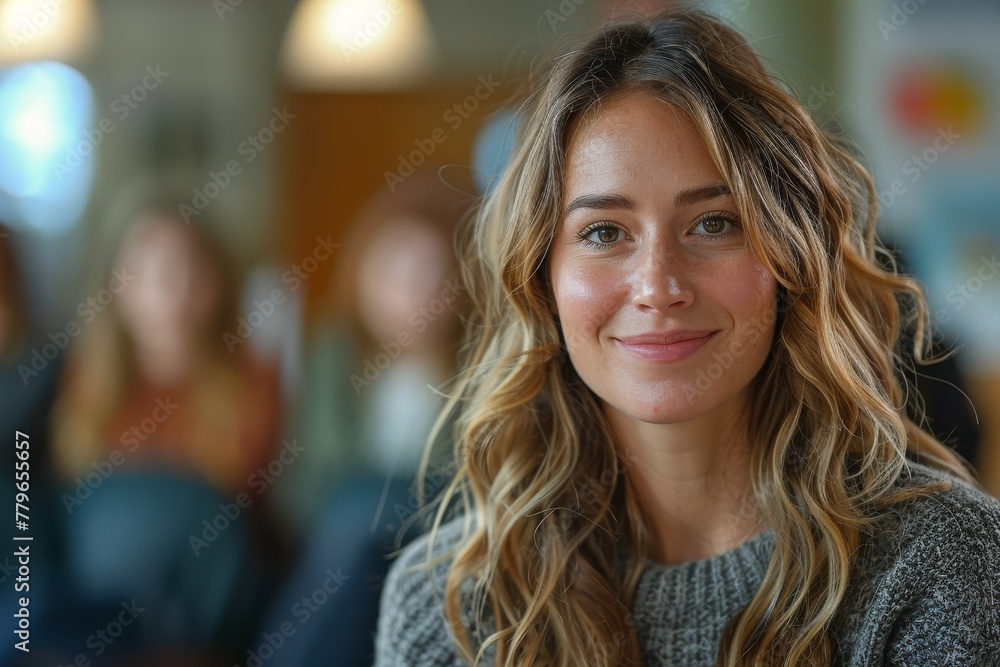 A smiling woman with wavy hair photographed with an out-of-focus classroom backdrop
