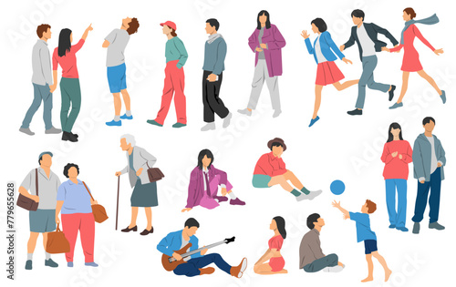 Men, women, teenagers and children standing, walking, sitting, different colors, cartoon character, group silhouettes rest people, students, design concept of flat icon, isolated on white background