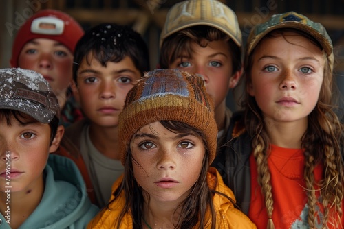 A group of children with expressive eyes look intently at the camera, conveying a range of emotions © Larisa AI