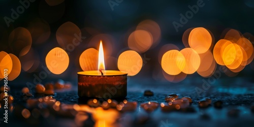A candle is lit in a small tin on a dark surface. The candle is surrounded by small rocks  creating a peaceful and calming atmosphere