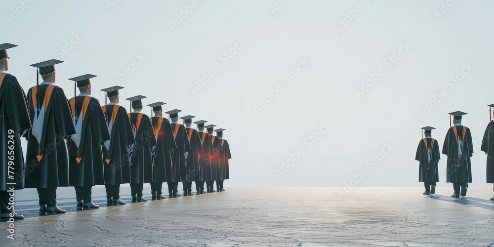 A group of graduates are lined up in front of a building. Scene is ...