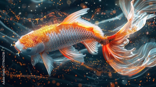 fabulous beautiful goldfish on blue shining water background photo