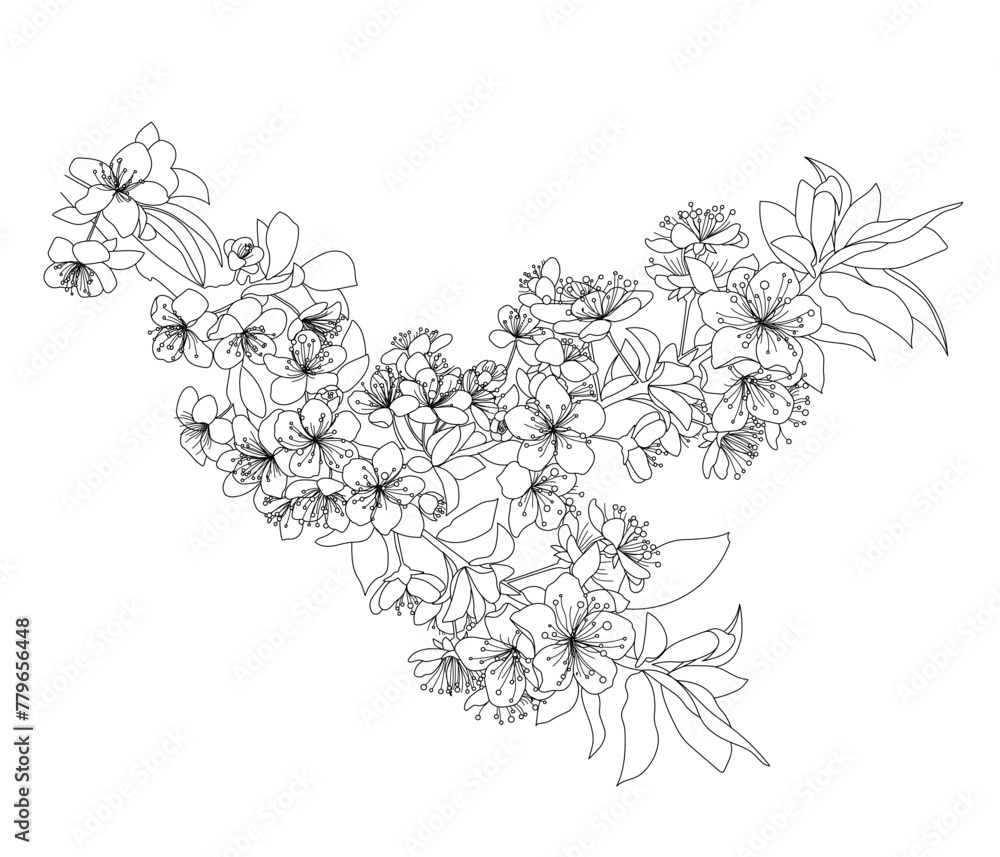Vector illustration of a linear cherry blossom branch