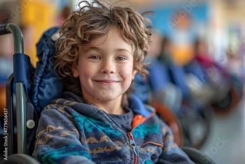 Cheerful curly-haired boy smiles brightly in wheelchair at a colorful venue