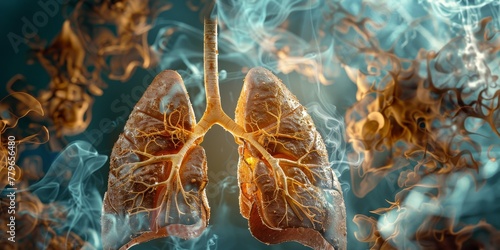 A close up of a lung with smoke surrounding it. The smoke is orange and yellow, and the lung is brown. Concept of danger and illness, as the lung is diseased and the smoke is harmful