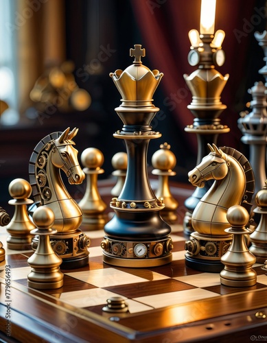 Ornate chess pieces in focus with a regal aesthetic, set for a high-stakes game amidst luxurious ambiance. AI Generation