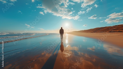 A solitary figure standing on a deserted beach