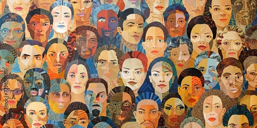 A painting of many faces with a variety of skin tones. The painting is a collage of different faces, and the faces are all different sizes and shapes