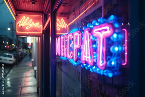 A brightly lit neon sign on the exterior wall of a building, A neon lit sign of a pharmacy reflecting in an opioid pill, AI Generated