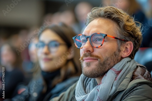 A stylish man wearing orange glasses and a scarf attentively listening at a seminar or event