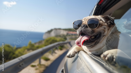 .A pug in sunglasses looks out of the car window. Travel concept.