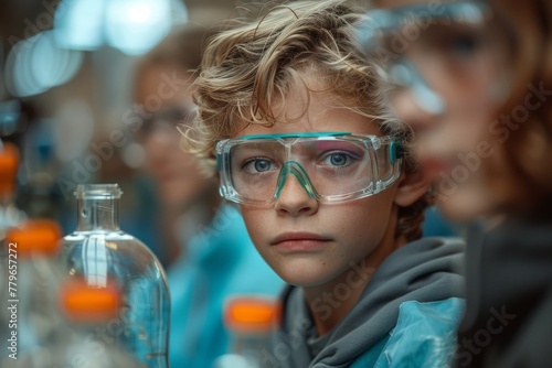 Young boy with curly hair wearing protective goggles during a science experiment in a lab