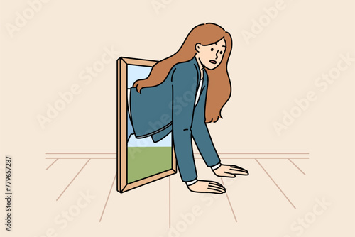 Business woman climbs out of small window for teleportation, moving in space thanks to fabulous technology. Girl is surprised to use portal for teleportation over long distances for first time
