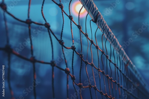 A close up of a volleyball net with a bright orange light shining on it