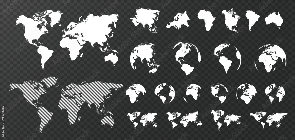 Planet Earth continents vector set. Globe flat silhouette. World map collection. Planet Earth continents vector set. Globe flat silhouette. World map collection.