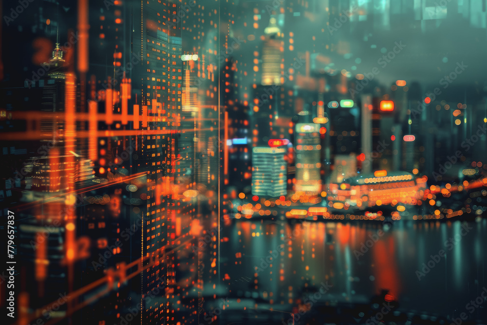 Financial chart graph shining in the city with business and blurred night scene in the background. Financial chart graph shining in the city with business and blurred night scene in the background.