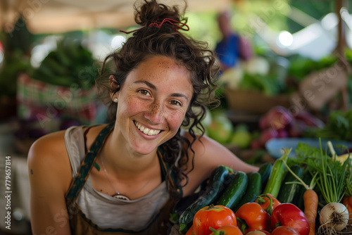 A young saleswoman sells fruits and vegetables at a local market. She sells local and seasonal products. Sustainable urban market.