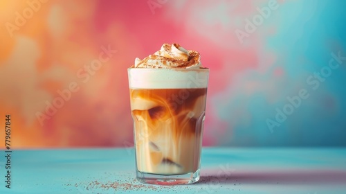 Iced caramel macchiato, coffee with whipped cream and caramel syrup in glass on pastel colorful background, copy space, frappe photo