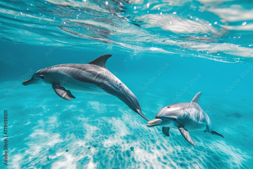 Obraz premium A couple of dolphins gracefully swim in the vast ocean, A pair of dolphins swimming in clear blue ocean water, AI Generated