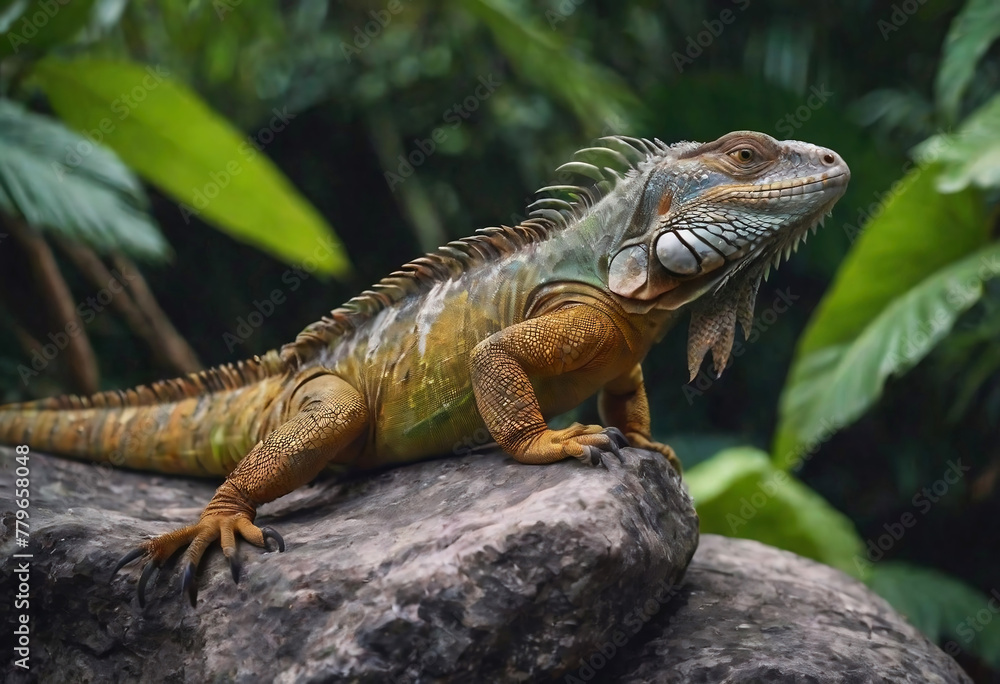 iguana on a branch in green grass iguana on a branch in green grass