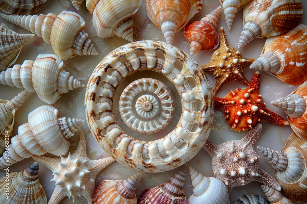 A collection of seashells and a spiral shell in the center A collection of seashells and a spiral shell in the center