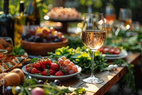 Enjoying a summer evening, a wine glass is set amid a spread of various fruits and snacks