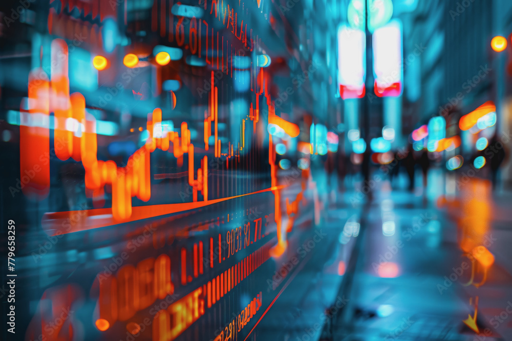 Financial chart graph shining in the city with business and blurred night scene in the background. Financial chart graph shining in the city with business and blurred night scene in the background.