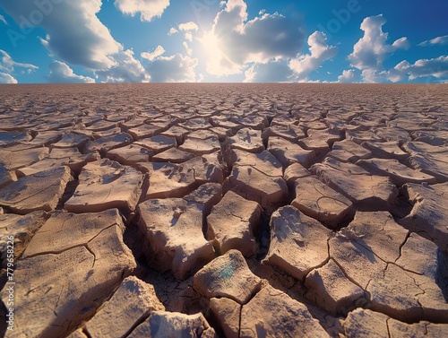 A barren, dry desert landscape with a sun shining brightly in the sky. The sun is the main focus of the image, illuminating the cracked and dry ground. The desolate scene conveys a sense of emptiness