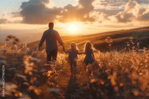 A family enjoys a magical moment together, walking hand in hand through a glowing field at sunset