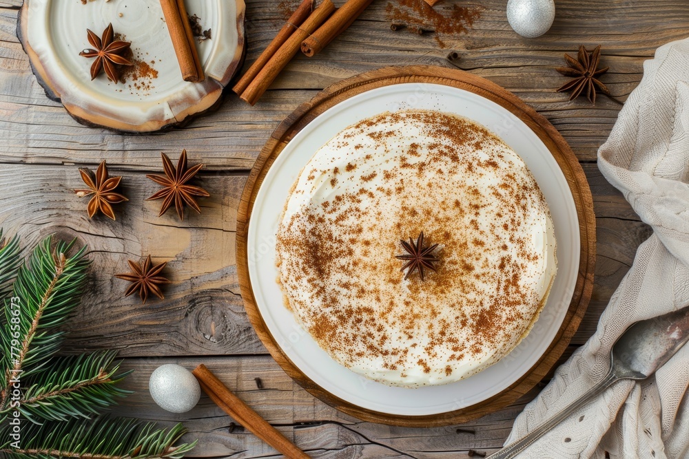 Top view of a Latin American dessert with cinnamon on pine wood background Top view of a Latin American dessert with cinnamon on pine wood background