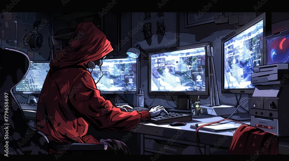 Man in Red Hoodie Working at Desk with Multiple Computer Screens in Home Office Setting Man in Red Hoodie Working at Desk with Multiple Computer Screens in Home Office Setting