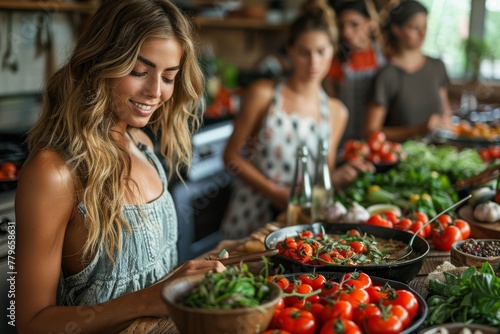 A woman teaching a cooking class  focusing on preparing a tomato-based dish with fresh ingredients