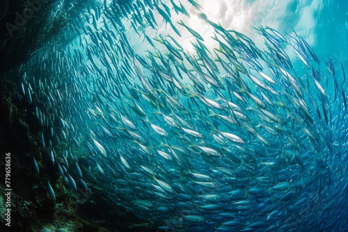 A massive congregation of fish swim together in the vast expanse of the ocean, A panoramic underwater view of a bustling anchovy school, AI Generated