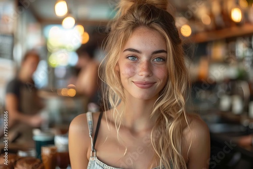 Attractive young woman with a cheerful expression at a cosy coffee shop