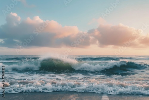 A powerful wave crashes onto the sandy beach while the sun sets in the background, A panoramic view of a peaceful ocean with rolling waves, AI Generated © Ifti Digital