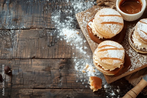 Top view of Argentinian alfajores on wood table with dulce de leche and sugar copy space