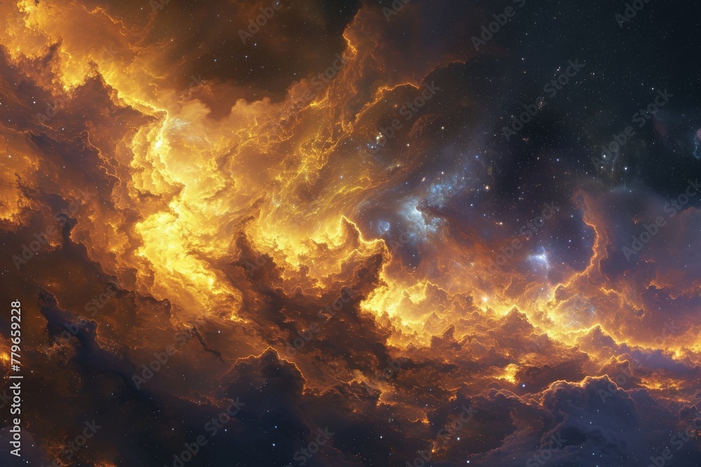 A vibrant sky adorned with clouds and stars create a mesmerizing celestial spectacle, A panoramic view of cosmic cloud displaying warm and cool tones, AI Generated A vibrant sky adorned with clouds and stars create a mesmerizing celestial spectacle, A panoramic view of cosmic cloud displaying warm and cool tones, AI Generated