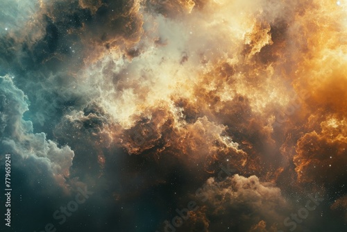 The sky is filled with clouds and stars, creating a breathtaking celestial panorama, A panoramic view of cosmic cloud displaying warm and cool tones, AI Generated © Ifti Digital