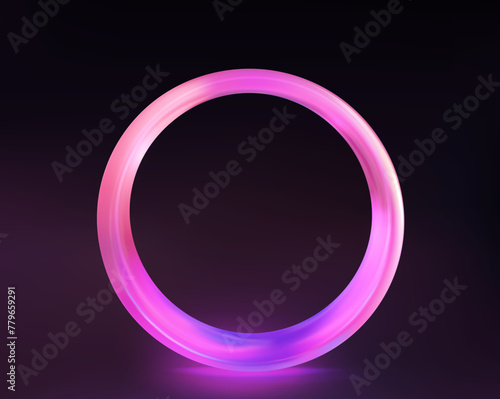 Circle colorful with transparency. Luminous circular frame isolated on a black backdrop. Electric vibrant 3D circular portal, neon lamp, and banner in shades of purple, blue, and pink. 