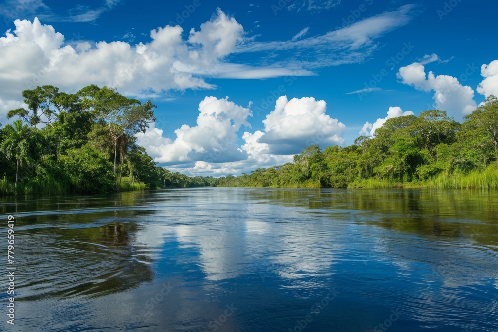A photo showcasing a serene body of water encircled by a dense forest and a cloudy sky, A panoramic view of the Amazon rainforest, AI Generated