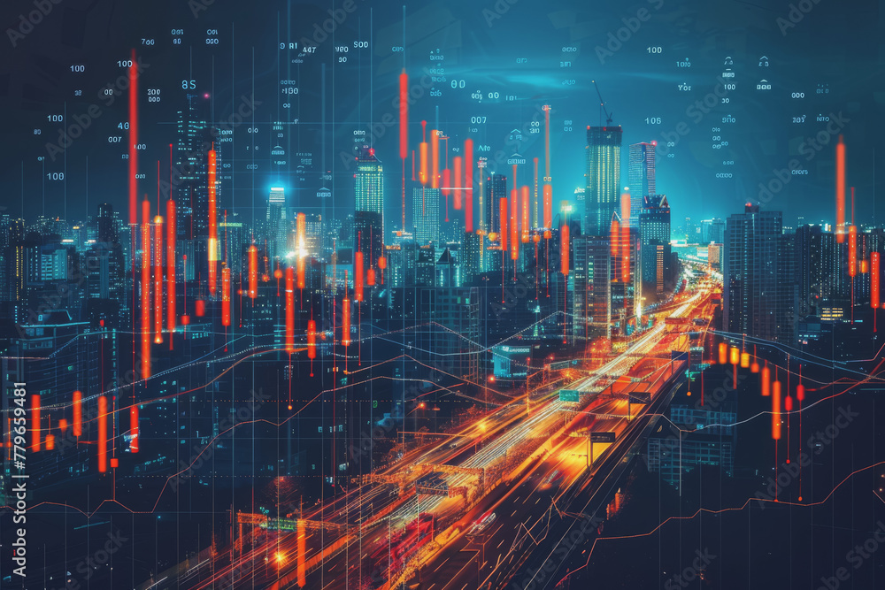 Financial chart graph shining in the city with business and blurred night scene in the background. Financial chart graph shining in the city with business and blurred night scene in the background.