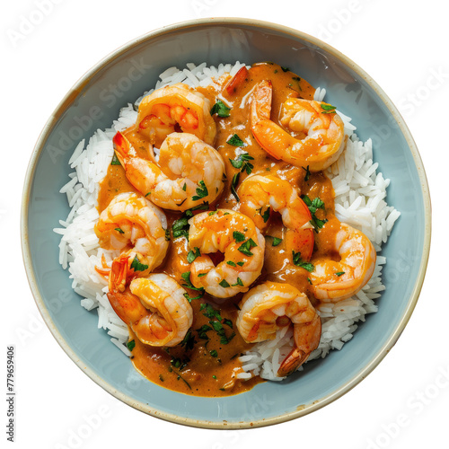 A bowl of shrimp and rice with sauce
