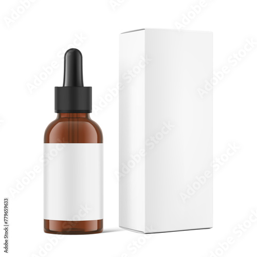 Realistic cardboard packaging box mockup with dropper bottle mockup isolated on white background.Vector illustration.  Сan be used for cosmetic, medical and other needs. EPS10.