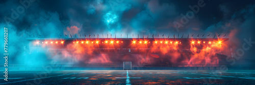 Sports Stadium Lights 3D Render Background,
Football stadium at night with light no people
 photo