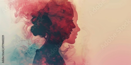 A woman's face is shown in a silhouette with smoke in the background. The smoke is red and it creates a sense of mystery and intrigue. The woman's face is the main focus of the image