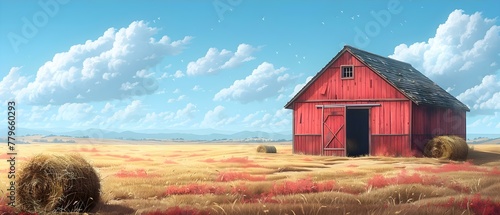 Farm-themed cartoon barn design featuring straw bales and hay piles. Concept Cartoon Barn Design, Farm Theme, Straw Bales, Hay Piles, Colorful Illustration,