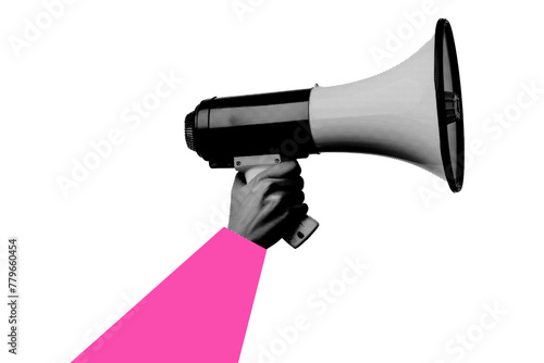 Trendy hand holding a loud speaker megaphone, cutout hand halftone design element